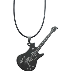 Fashionable black stainless steel guitar necklace with silver music notes on a woven cord