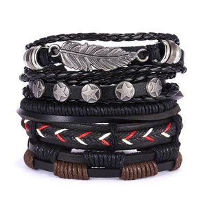 Multilayer leather bracelet set for men with metal feather and star charms in punk style