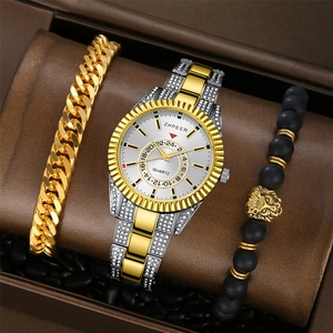Luxury men's quartz watch set with silver-gold steel band and beaded lion head bracelets
