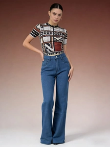 Jeans larghi a vita alta da donna con stampa a farfalla e stile denim retrò alla moda