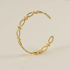 18K gold plated stainless steel open bangle with cross charms and beaded oval links