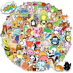 Close-up of 100 colorful cartoon animal stickers with motivational English phrases