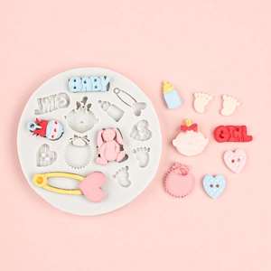 Baby shower silicone mold with stroller, bottle, and tiny footprint shapes for DIY crafts