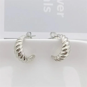 Detailed close-up of silver croissant earrings in a twisted dome design on white decor