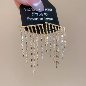 Close-up of golden metal tassel earrings with dangling bead chains on a display card