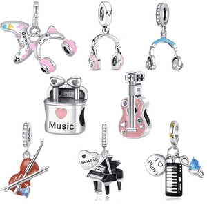 Silver music charms collection with guitar, piano and headphones for DIY jewelry making