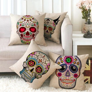 Sugar Skull Throw Pillow Cover Colorful Bohemian Linen Cushion Case For Sofa Home Decor Mexican Style Print
