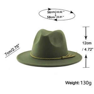 Olive green wide brim fedora hat with size dimensions 56-58cm for men and women