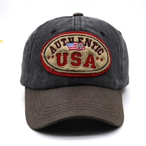 Detail of vintage washed black canvas baseball cap with AUTHENTIC USA embroidery