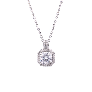 Sparkling zircon square halo pendant necklace with silver chain for elegant women