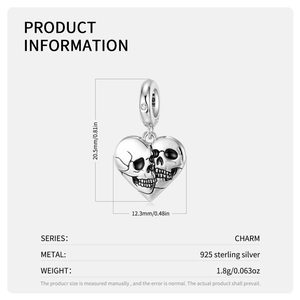 925 Sterling silver double skull heart charm with technical measurements 20.5x12.3mm