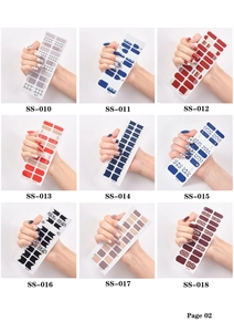 Collage of nine stylish nail art sticker designs from grey plaid to glitter red