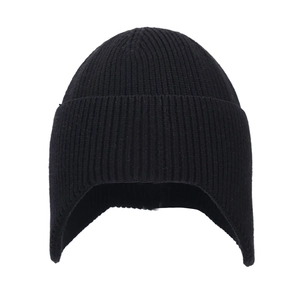 Classic black knitted winter hat with earflaps and warm vertical ribbed texture