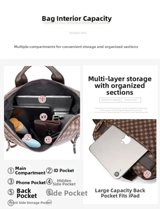 Detail view of brown vintage backpack showing 7 functional compartments and internal storage