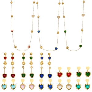 Golden stainless steel long necklace with heart shaped colorful glass stone pendants