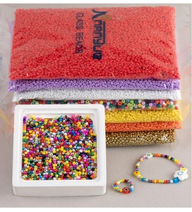 Detail of colorful 2/3/4mm glass seed beads set with handmade jewelry crafts