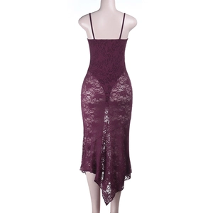 Detail of deep purple lace dress featuring a backless design and fish-tail hemline