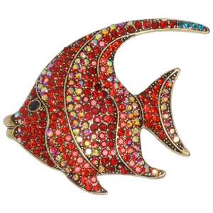 Fashionable sparkling fish brooch pin with red rhinestones on vintage metal base