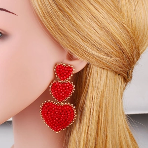 Bohemian triple red seed bead heart drop earrings for women stylish street wear style