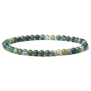 Detail of 4mm natural green moss agate stone beads on elastic bracelet string