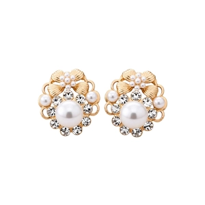 Vintage gold flower earrings with white pearls and sparkling crystal halo for women