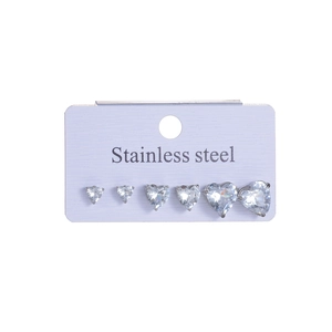 Three-pair set of heart-shaped stainless steel stud earrings with clear zircon stones