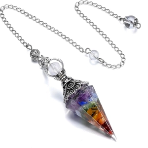 Antique silver chakra resin pendulum with colorful crushed stones and metal chain