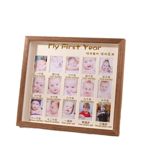 Wooden baby growth photo frame with 15 slots for my first year record and memories