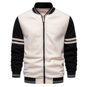 Detail of a color-block baseball collar jacket with ribbed cuffs and metal zipper