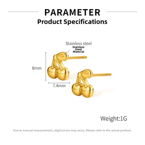 Detailed size chart of golden stainless steel cherry stud earrings 8mm by 7.4mm