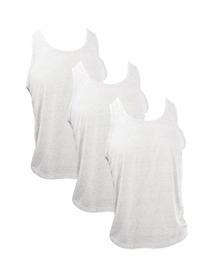 Macro view of three stacked men's light grey cotton gym vests showing knit texture