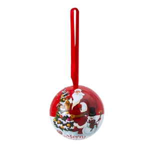 Spherical metal Christmas tin ornament with Santa and snowman patterns on a red ribbon