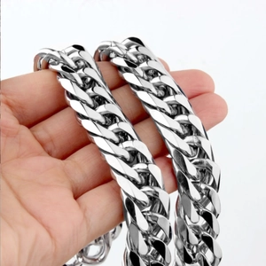 Mens punk style stainless steel silver Cuban link chain necklace with polished finish