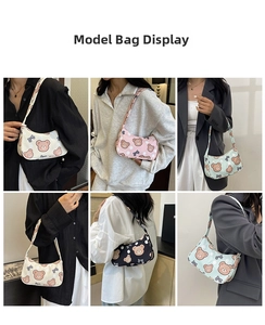 Multiple views of models wearing the cute cartoon bear shoulder bag in four colors