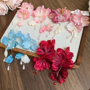 Fabric Flower Tassel Earrings With 925 Sterling Silver Earring Post Zircon Artificial Pearl Bohemian Resort Style Elegant Jewelry