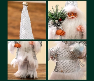 Close-up of Santa figurine showing silver sequins, faux fur details and bell on hat