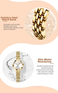 Detail showing the stainless steel bracelet and 30m water resistance of gold watch