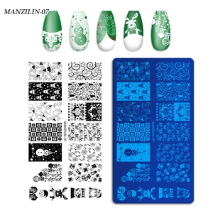 Detail of Christmas nail stamping plate featuring snowflakes, reindeer, and snowman patterns