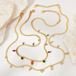 Golden stainless steel flat snake chain necklace with colorful oval zircon fringe charms