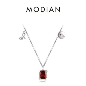 925 Sterling Silver Necklace With Rectangular Red Zircon And Aries Constellation Charm For Women Elegant Jewelry