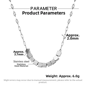 Close-up of titanium steel necklace featuring small cube pendants and 2.0mm link chain