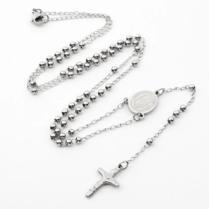 Polished silver stainless steel rosary necklace with Virgin Mary medal and Jesus cross