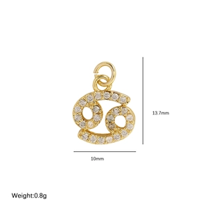 Cancer zodiac charm in 18k gold plating with pavé cubic zirconia for jewelry making