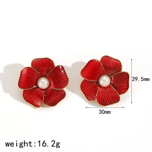 Detail view of red flower enamel earrings with center pearl and dimension measurements