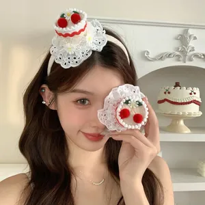 Sweet Lolita cream cake headband with red cherries and lace trim worn by model