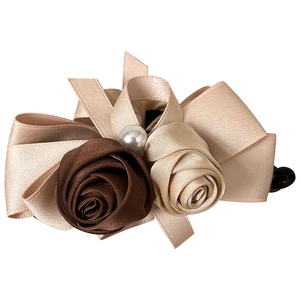 Elegant vintage rose and pearl hair clip with beige and brown silk ribbon bow design