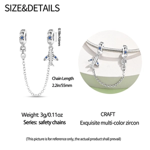 Silver safety chain charm for bracelet with blue zircon and airplane pendant detail