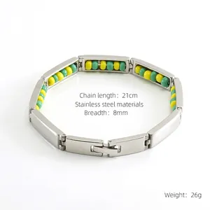 Detail view of titanium steel beaded bracelet showing dimensions 21cm length and 8mm width