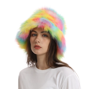 Rainbow faux fur bucket hat for women features colorful plush texture for winter warmth