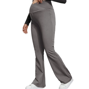 Dark grey maternity flare yoga pants with V-shaped high waist support for pregnancy